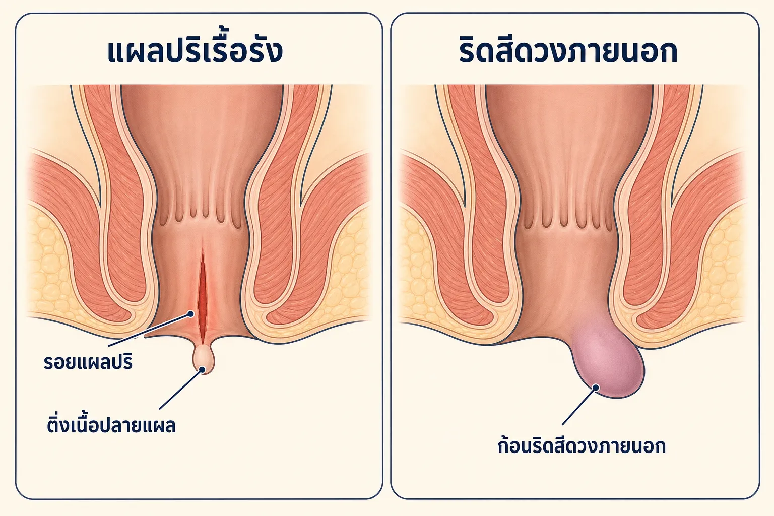 ภาพเปรียบเทียบแผลปริเรื้อรังกับริดสีดวงภายนอก ฝั่งซ้ายมีรอยแผลอยู่ภายในคลองทวารและมีเพียงติ่งเนื้อปลายแผลยื่นพ้นขอบทวาร ฝั่งขวาเป็นก้อนริดสีดวงภายนอกสีชมพูอมม่วงผิวเรียบที่ต่อเนื่องจากคลองทวาร โดยไม่เห็นเส้นเลือดเป็นแขนงชัด