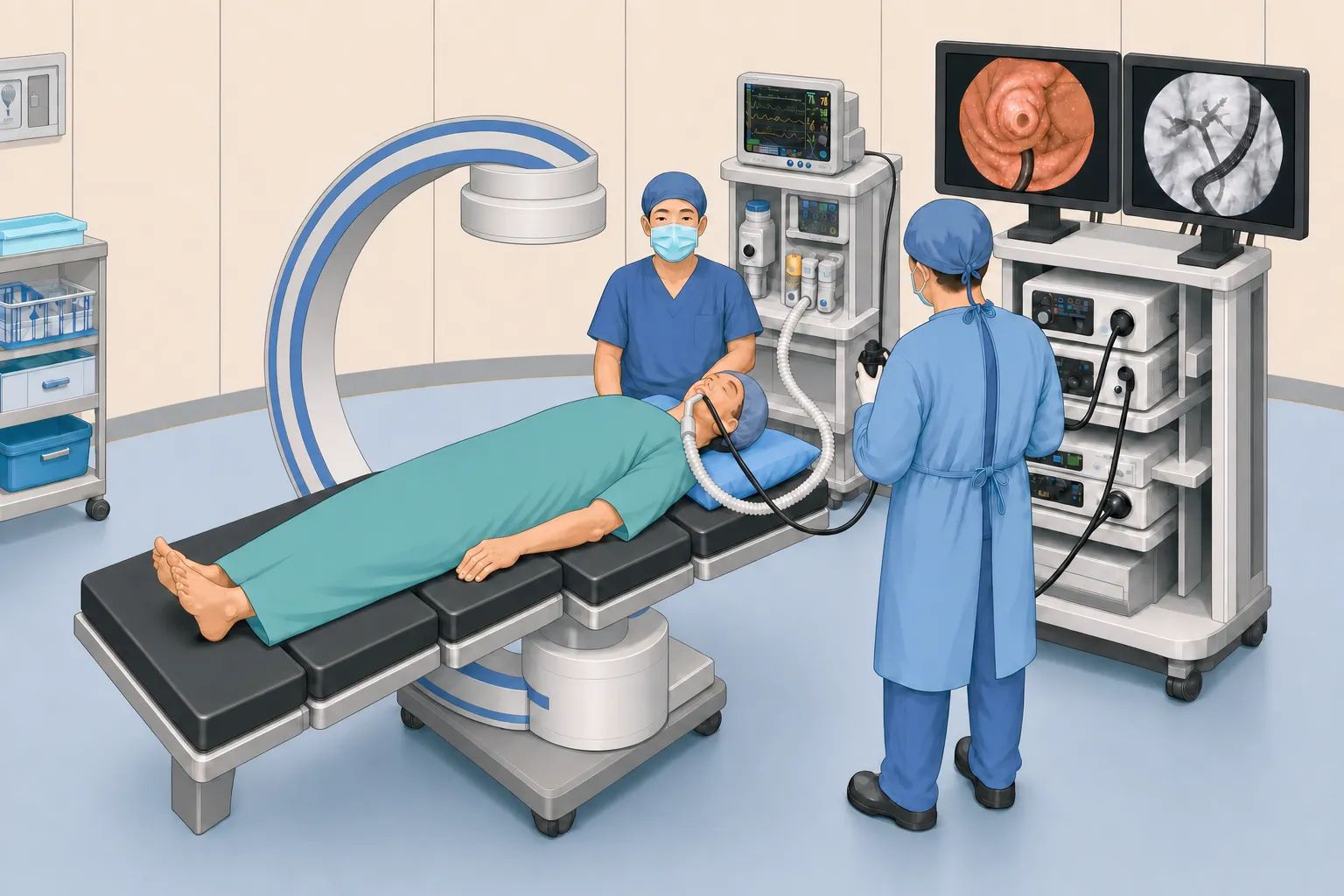 ภาพห้องทำ ERCP ผู้ป่วยนอนหงาย ใส่ท่อช่วยหายใจต่อกับเครื่องดมยาสลบ วิสัญญีแพทย์นั่งที่ศีรษะผู้ป่วย เครื่องเอกซเรย์ซีอาร์มคร่อมช่องท้องส่วนบน และแพทย์ส่องกล้องยืนหน้าเครื่อง ERCP ที่มีจอส่องกล้องและจอเอกซเรย์แยกกัน