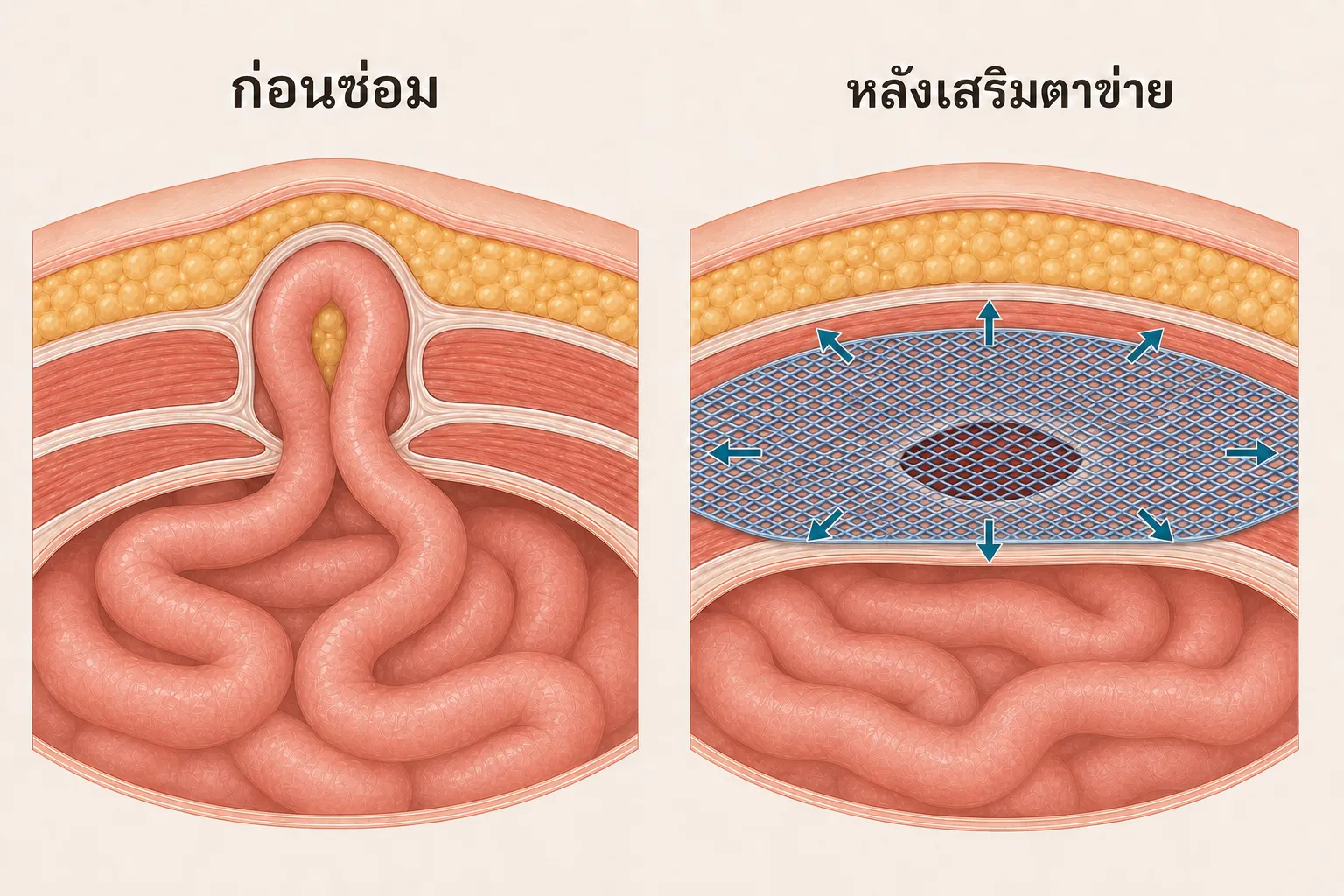 ภาพตัดขวางเปรียบเทียบไส้เลื่อนก่อนซ่อมกับหลังดันลำไส้กลับและวางแผ่นตาข่ายคลุมจุดอ่อนของผนังหน้าท้อง