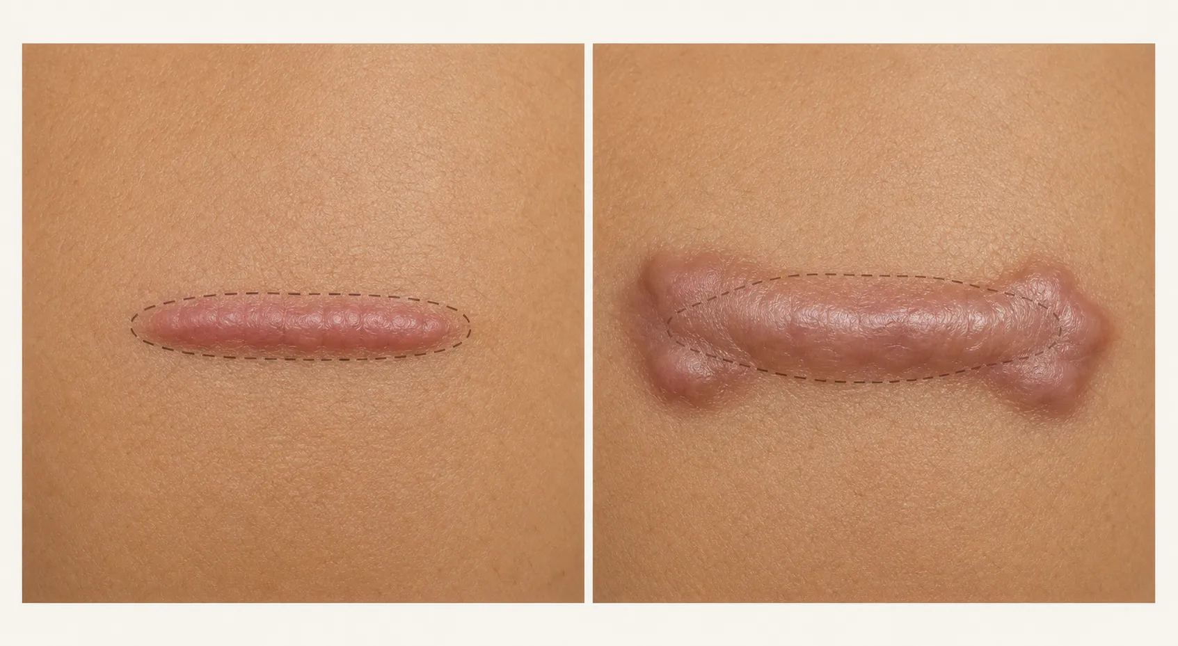 ภาพเปรียบเทียบแผลเป็นนูนสองชนิดบนผิวหนัง ฝั่งซ้ายเป็น hypertrophic scar ที่นูนอยู่ภายในเส้นประซึ่งแทนขอบแผลเดิม ฝั่งขวาเป็นคีลอยด์ที่นูนขยายล้ำออกไปนอกเส้นประและเข้าสู่ผิวหนังปกติ