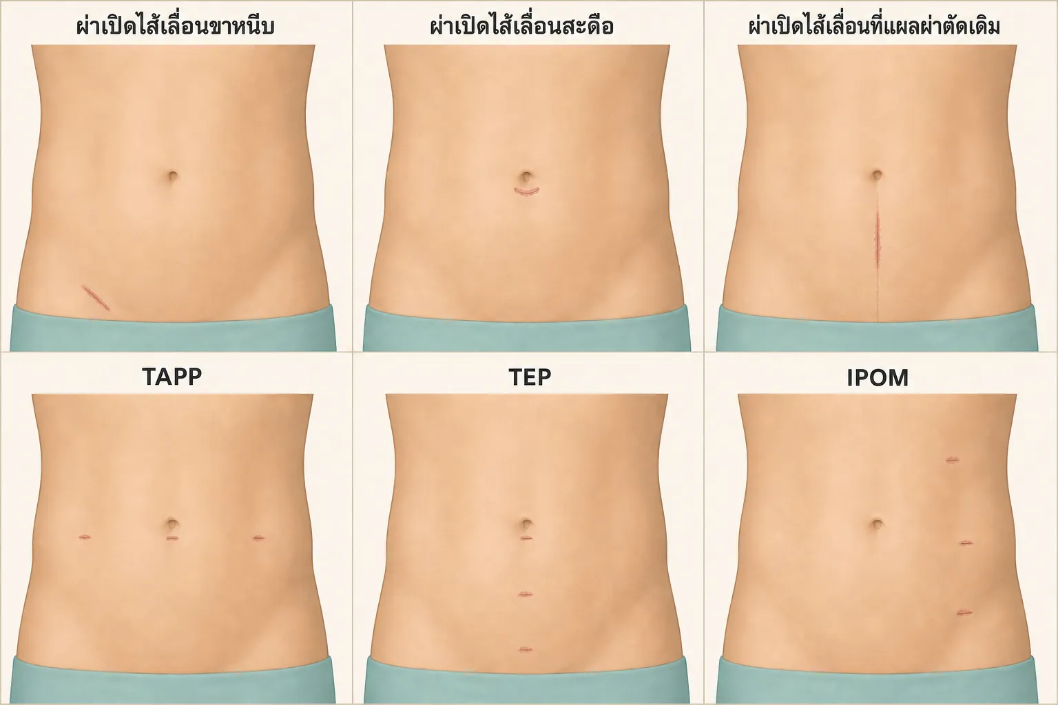 ภาพเปรียบเทียบตำแหน่งแผลผ่าตัดไส้เลื่อน 6 แบบ ได้แก่ ผ่าเปิดไส้เลื่อนขาหนีบ ผ่าเปิดไส้เลื่อนสะดือ ผ่าเปิดไส้เลื่อนที่แผลผ่าตัดเดิม และแผลผ่านกล้องแบบ TAPP TEP และ IPOM